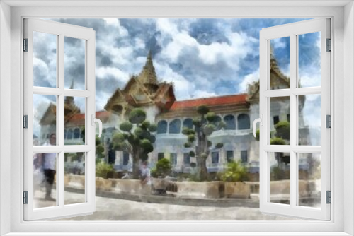 Fototapeta Naklejka Na Ścianę Okno 3D - Landscape of ancient architecture and ancient art in the Grand Palace, Wat Phra Kaew Bangkok watercolor style illustration impressionist painting.