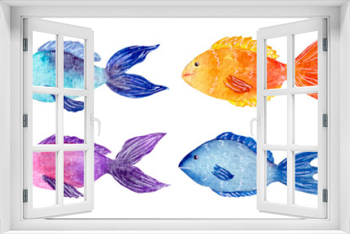 Fototapeta Naklejka Na Ścianę Okno 3D - Bright and colorful watercolor fishes collection isolated on white background.