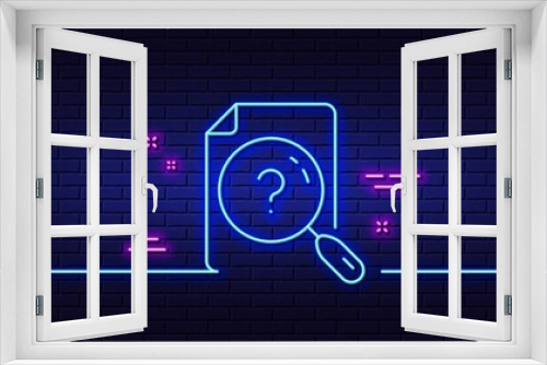 Neon light glow effect. Search document line icon. Help book sign. Instruction manual symbol. 3d line neon glow icon. Brick wall banner. Search document outline. Vector