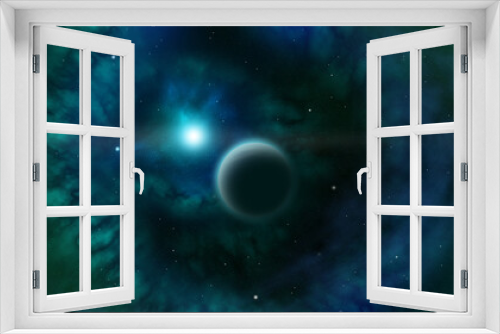 Fototapeta Naklejka Na Ścianę Okno 3D - Space Art n°3 Gas giant exoplanet in a green blue nebula receving light from his blue dwarf sun (Illustration 3D)