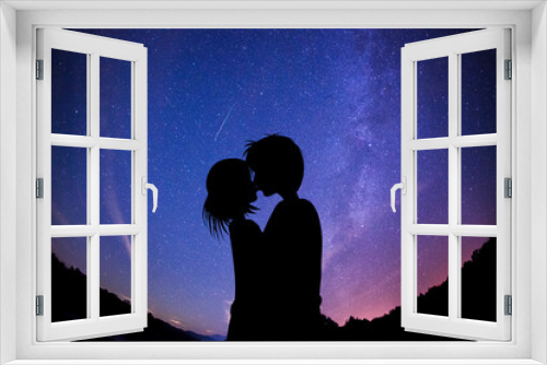 Fototapeta Naklejka Na Ścianę Okno 3D - 天の川と満天の星空をバックにキスするカップルのシルエット。永遠の愛を誓うコンセプト。