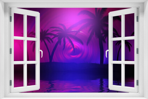Fototapeta Naklejka Na Ścianę Okno 3D - Dark abstract background with tropical palm leaves. Reflection of neon lighting on the water surface. 3d illustration