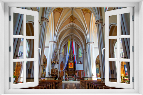 View of the interior of the Catholic Church of the Nativity of the Blessed Virgin Mary, built in the years 1905-1912 in the neo-Gothic style in Rajgród in Podlasie, Poland.