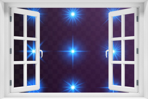 Fototapeta Naklejka Na Ścianę Okno 3D - Set of glowing light stars with sparkles. Transparent shining sun, star explodes and bright flash. Blue bright illustration starburst.