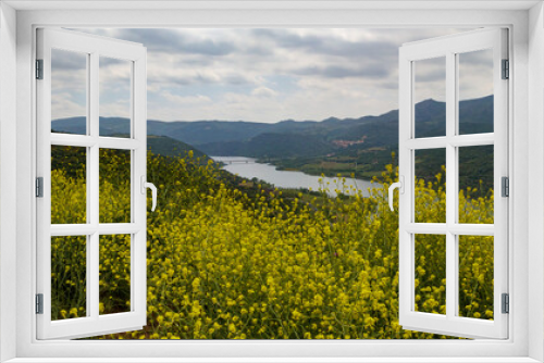 Fototapeta Naklejka Na Ścianę Okno 3D - landscape with lake yellow flowers and mountains
