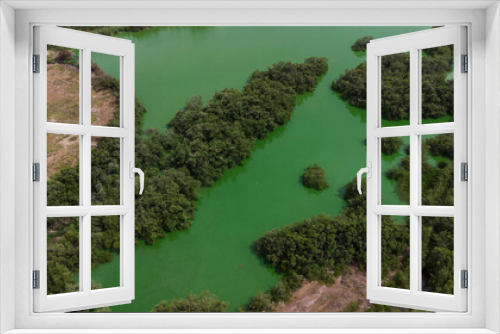 Fototapeta Naklejka Na Ścianę Okno 3D - Aerial photos from a drone of a green lagoon surrounded by vegetation and bushes.