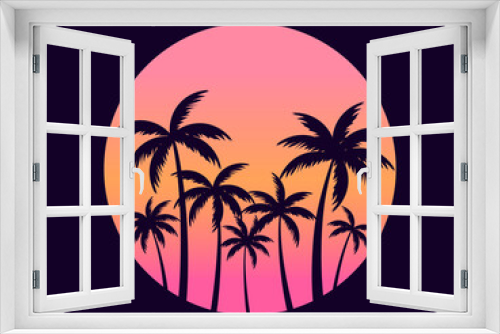 Fototapeta Naklejka Na Ścianę Okno 3D - Palm trees against a gradient sun. Outlines of tropical palm trees at sunset, Miami. Design for advertising brochures, banners, posters, travel agencies. Vector illustration