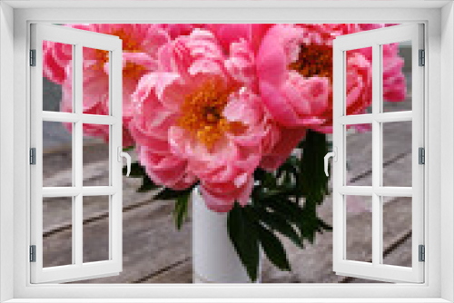 Fototapeta Naklejka Na Ścianę Okno 3D - Bouquet of stylish peonies close-up. Pink peony flowers. Close-up of flower petals. Floral greeting card or wallpaper. Delicate abstract floral pastel background