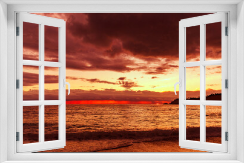Fototapeta Naklejka Na Ścianę Okno 3D - Great dramatic view. Amazing sky panorama. Clouds illuminated by the setting sun. Meditative calmness and greatness. Mystical lighting. Colorful sunset in the evening sky