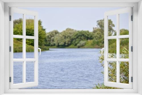 Fototapeta Naklejka Na Ścianę Okno 3D - Landscape on the bank of the river with lead water and lush willows at the edge of the bank