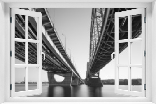 Fototapeta Naklejka Na Ścianę Okno 3D - Bridges in Kiev through fisheye lens. Black and white.