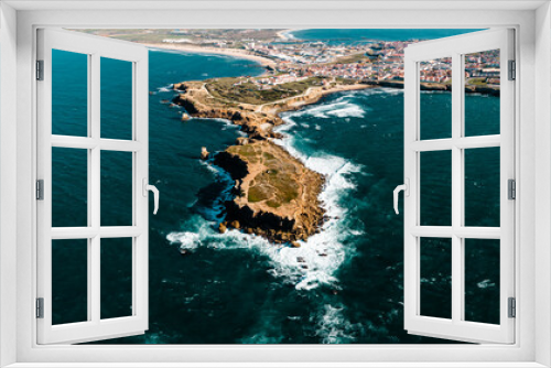Fototapeta Naklejka Na Ścianę Okno 3D - Aerial drone view of Peniche Portugal. Surfers City at Atlantic ocean coast