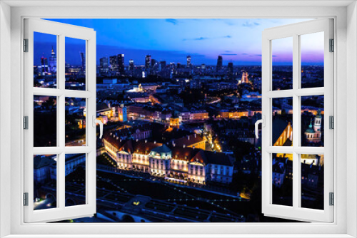 Fototapeta Naklejka Na Ścianę Okno 3D - Warsaw, Poland  Cityscape with high angle above aerial view of historic architecture buildings in old town market square at night