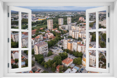 Aerial drone view of residential buildings in Plovdiv city, Bulgaria