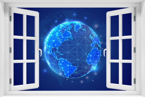 Fototapeta Naklejka Na Ścianę Okno 3D - Earth planet 3d low poly symbol with blue world map background. Space concept design illustration. World map polygonal symbol with connected dots