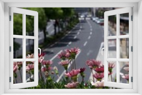 Fototapeta Naklejka Na Ścianę Okno 3D - 花と街