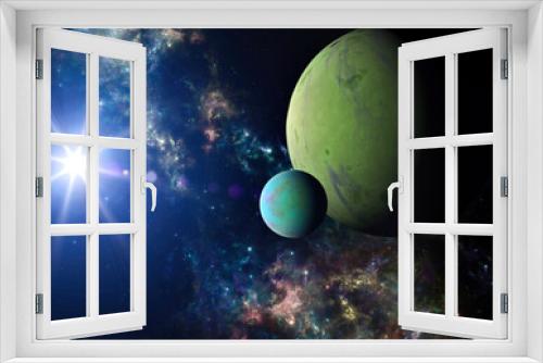 Fototapeta Naklejka Na Ścianę Okno 3D - Planets and exoplanets of unexplored galaxies. Sci-Fi. New worlds to discover. Colonization and exploration of nebulae and galaxies. Planet and rings. 3d rendering