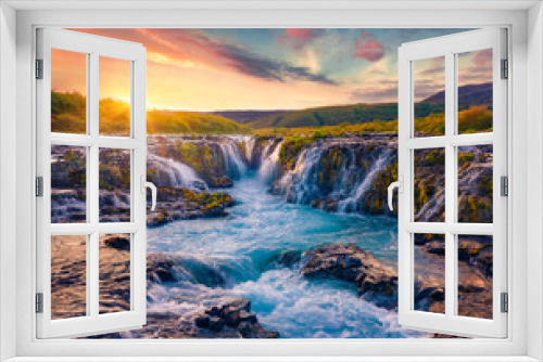 Fototapeta Naklejka Na Ścianę Okno 3D - Extraordinary summer view of Bruarfoss Waterfall, secluded spot with cascading blue waters. Astonishing sunrise in Iceland, Europe. Beauty of nature concept background.