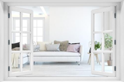 White living room with sofa. Scandinavian interior design. 3D illustration