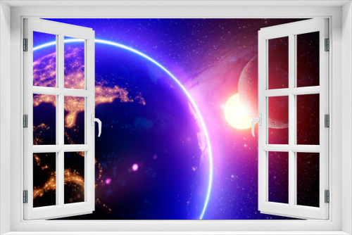 Fototapeta Naklejka Na Ścianę Okno 3D - a beautiful cosmic background with the earth and the moon shining from the city of America and the bright star of the sun. 3d render, 3d illustration