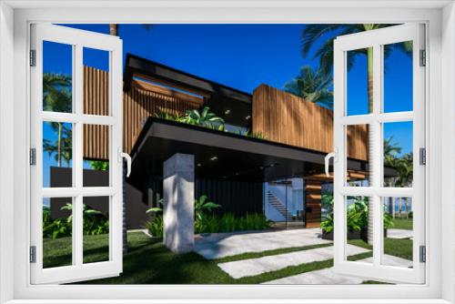 Fototapeta Naklejka Na Ścianę Okno 3D - 3d rendering of modern cozy house with parking and pool for sale or rent with wood plank facade by the sea or ocean. Sunny day by the azure coast with palm trees and flowers in tropical island