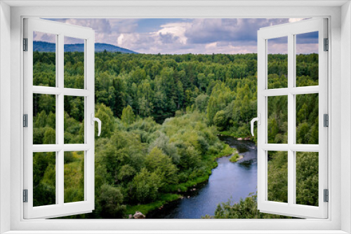 Fototapeta Naklejka Na Ścianę Okno 3D - Beautiful view from above to river and green forest with cloudy sky