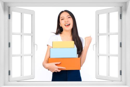 Happy cute asian woman smiling and holding package online marketing and delivery Start a small business at home on white background, Delivery shipping service concept.