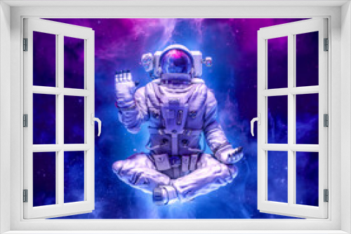 Fototapeta Naklejka Na Ścianę Okno 3D - Happy yoga astronaut - 3D illustration of science fiction space suited figure in yoga lotus pose waving in outer space