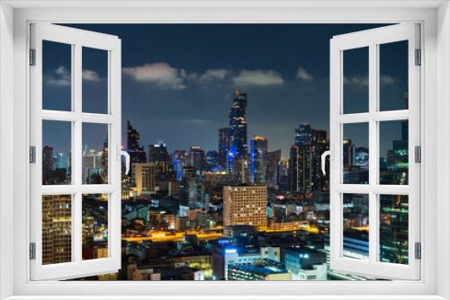 Fototapeta Naklejka Na Ścianę Okno 3D - building cityscape at night in Bangkok city, Thailand