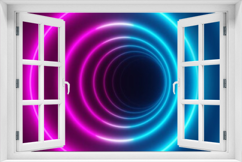 Fototapeta Naklejka Na Ścianę Okno 3D - Modern, abstract round circle blue and pink neon light frames hypnotic fading tunnel over black background