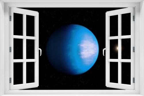 Fototapeta Naklejka Na Ścianę Okno 3D - Extrasolar planet in space, cosmic landscape, Twin Earth with water ocean. Blue exoplanet with a star.