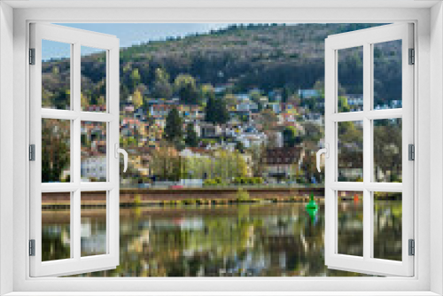 Fototapeta Naklejka Na Ścianę Okno 3D - Vertical shot of Heidelberg village houses reflection on Neckar river, Germany
