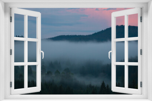 Fototapeta Naklejka Na Ścianę Okno 3D - Landscape with fog over the forest in the evening
