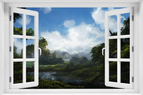 Fototapeta Naklejka Na Ścianę Okno 3D - Fantastic Epic Magical Landscape of Mountains. Summer nature. Mystic Valley, tundra. Gaming assets. Celtic Medieval RPG background. Rocks and canyon. Beautiful sky with clouds.  
