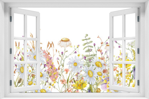 Fototapeta Naklejka Na Ścianę Okno 3D - Wild flowers watercolor frame botanical hand drawn illustration
