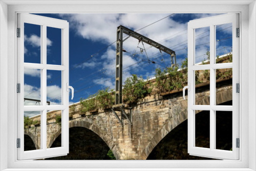Fototapeta Naklejka Na Ścianę Okno 3D - Railway Bridge Over a River Against a Cloudy Blue Morning Sky