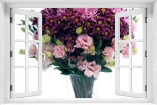 Fototapeta Naklejka Na Ścianę Okno 3D - Nice Pink Daisies and Roses in Glass Vase on White