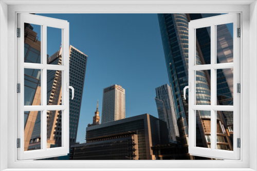Poland, Warsaw. Downtown and sky city with modern glass business buildings