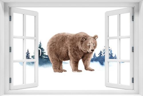 Fototapeta Naklejka Na Ścianę Okno 3D - grizzly bear animal on the background of the forest, watercolor illustratio