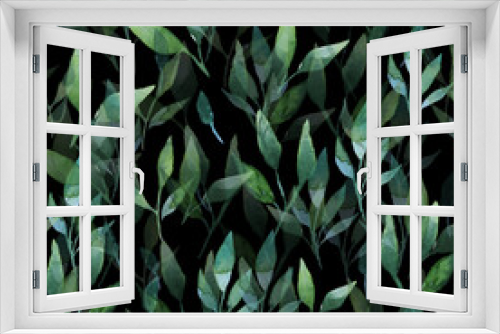 Fototapeta Naklejka Na Ścianę Okno 3D - Seamless watercolor illustration of green leaves and branches, circles, on white or black background, suitable for wallpaper, cards, clothing, textiles, fabric, packaging, clothing, dress, invitations