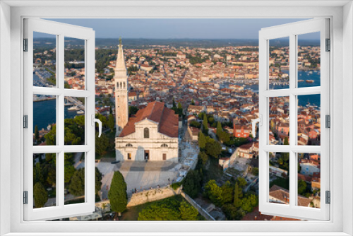 Aerial view of the old town of Rovinj with Church of Saint Euphemia on the Mediterranean sea , Rovinj, Croatia