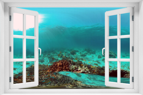 Fototapeta Naklejka Na Ścianę Okno 3D - Tropical fishes and coral reef underwater. Hard and soft corals, underwater landscape. Travel vacation concept. Philippines. Virtual Reality 360.
