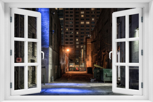 Fototapeta Naklejka Na Ścianę Okno 3D - Dark empty illuminated back alley