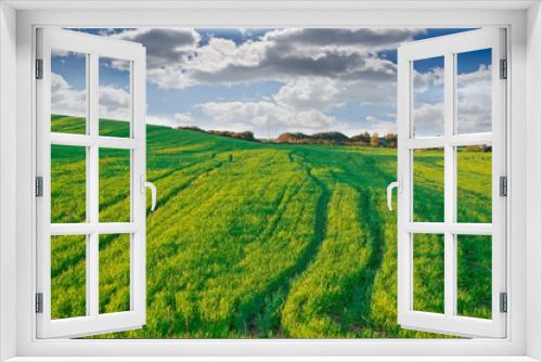 Fototapeta Naklejka Na Ścianę Okno 3D - dramatic sky and green meadow