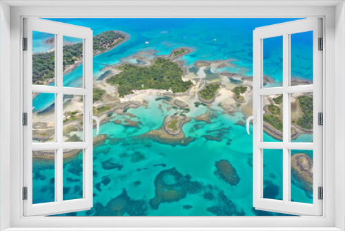 Fototapeta Naklejka Na Ścianę Okno 3D - Aerial drone photo of paradise volcanic island complex resembling a blue lagoon archipelago in exotic destination bay with deep turquoise sea and crystal clear water beach