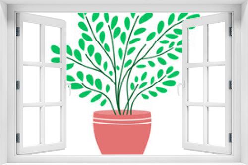 Fototapeta Naklejka Na Ścianę Okno 3D - Decorative vase for home flowers. Pot with green plants. Object of a room interior. Flat vector illustration isolated on white background