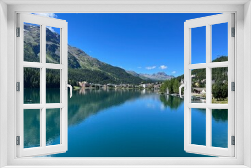 Fototapeta Naklejka Na Ścianę Okno 3D - Panoramic view of St. Moritzersee and Alpine resort St. Moritz in Graubuenden, Grisons, Switzerland.