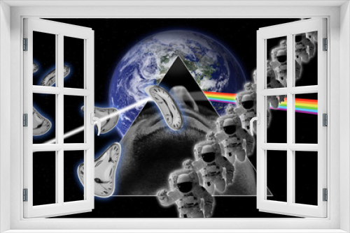 Fototapeta Naklejka Na Ścianę Okno 3D - Digital collage with face of man, clocks, astronauts and planet Earth on background. Elements of this image furnished by NASA	