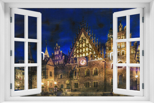 Fototapeta Naklejka Na Ścianę Okno 3D - Watercolor Painting of Wroclaw's Historic Tawn Hall by Night