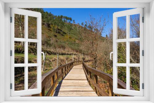 Fototapeta Naklejka Na Ścianę Okno 3D - The river hiking trail Ecovia do Vez near Arcos de Valdevez, Portugal. Ecovia do Vez wooden pathways along the riverside.